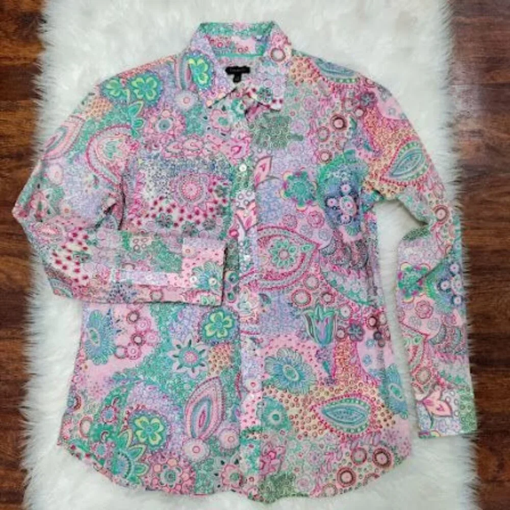 NEW Talbots Dreamy Paisley Print Classic Cotton Button Up Shirt Women's Size XS - Picture 2 of 9